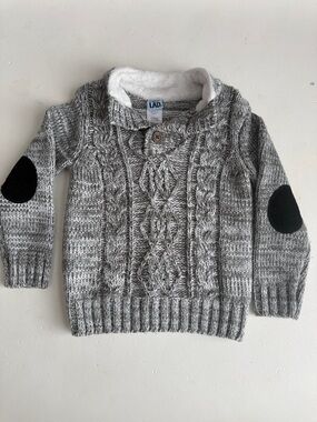 LAD Heather Gray Cable-Knit Crewneck Sweater with Elbow Patches